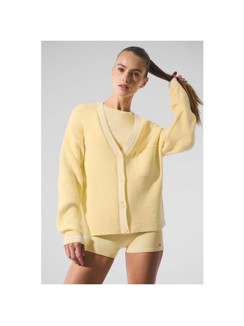 Alo Yoga Tennis Club Sweater Knit Cardigan Warm Butter/White Sz S 4-6 W3847R
